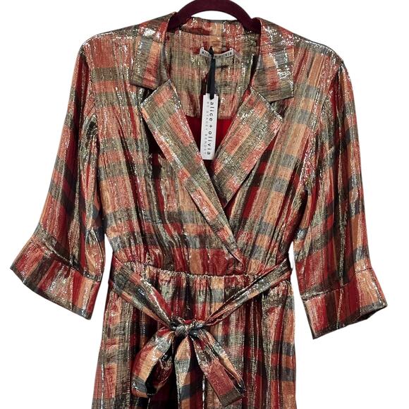NWT Alice + Olivia Chap Dress Plaid Wrap Metallic Red Tie Waist
Midi Silk Dress - Picture 3 of 10